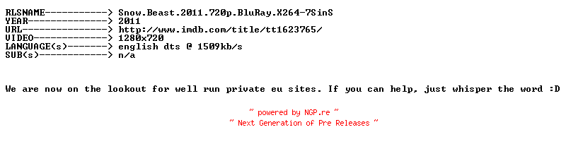 NFO for the release Snow.Beast.2011.720p.BluRay.X264-7SinS by 7SinS