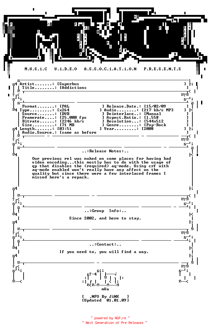 NFO for the release Superbus-addictions-proper-repack-x264-fr-2009-mVa by mVa
