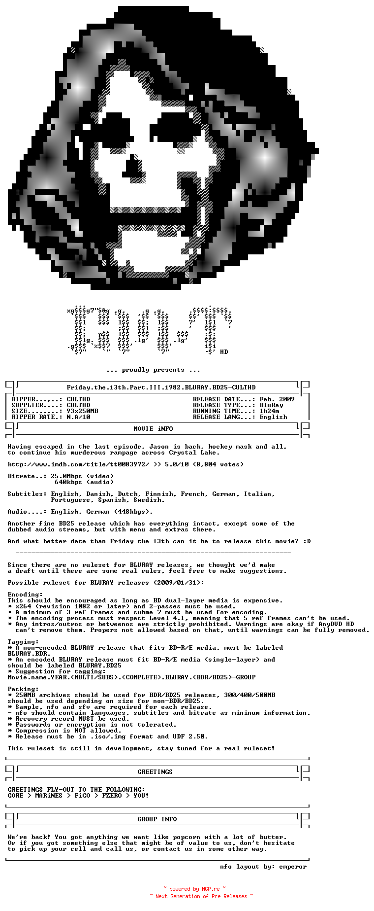 NFO for the release Friday.the.13th.Part.III.1982.BLURAY.BD25-CULTHD by CULTHD