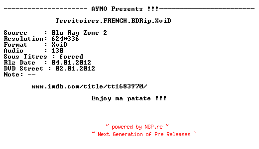 NFO for the release Territoires.FRENCH.BDRip.XviD-AYMO by AYMO