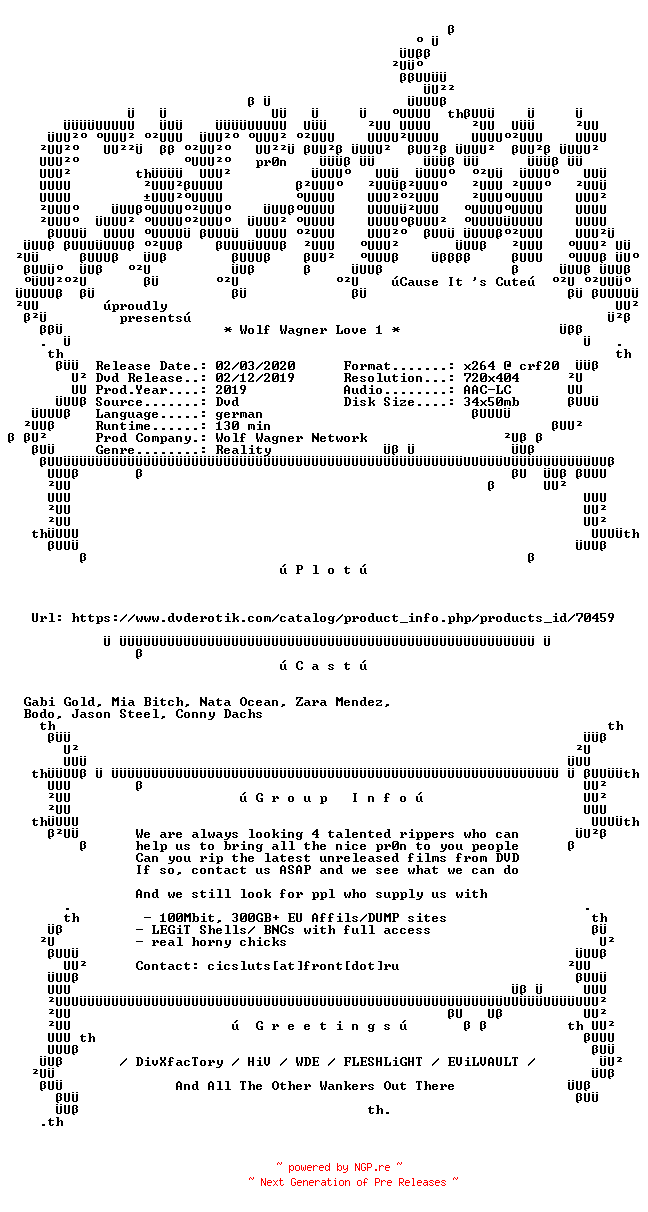 NFO for the release Wolf.Wagner.Love.1.German.XXX.DVDRip.x264-CiCXXX by CiCXXX