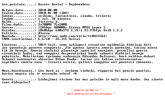 NFO for the release Daybreakers.2009.LT.BDRip.XviD-Ltu by Ltu