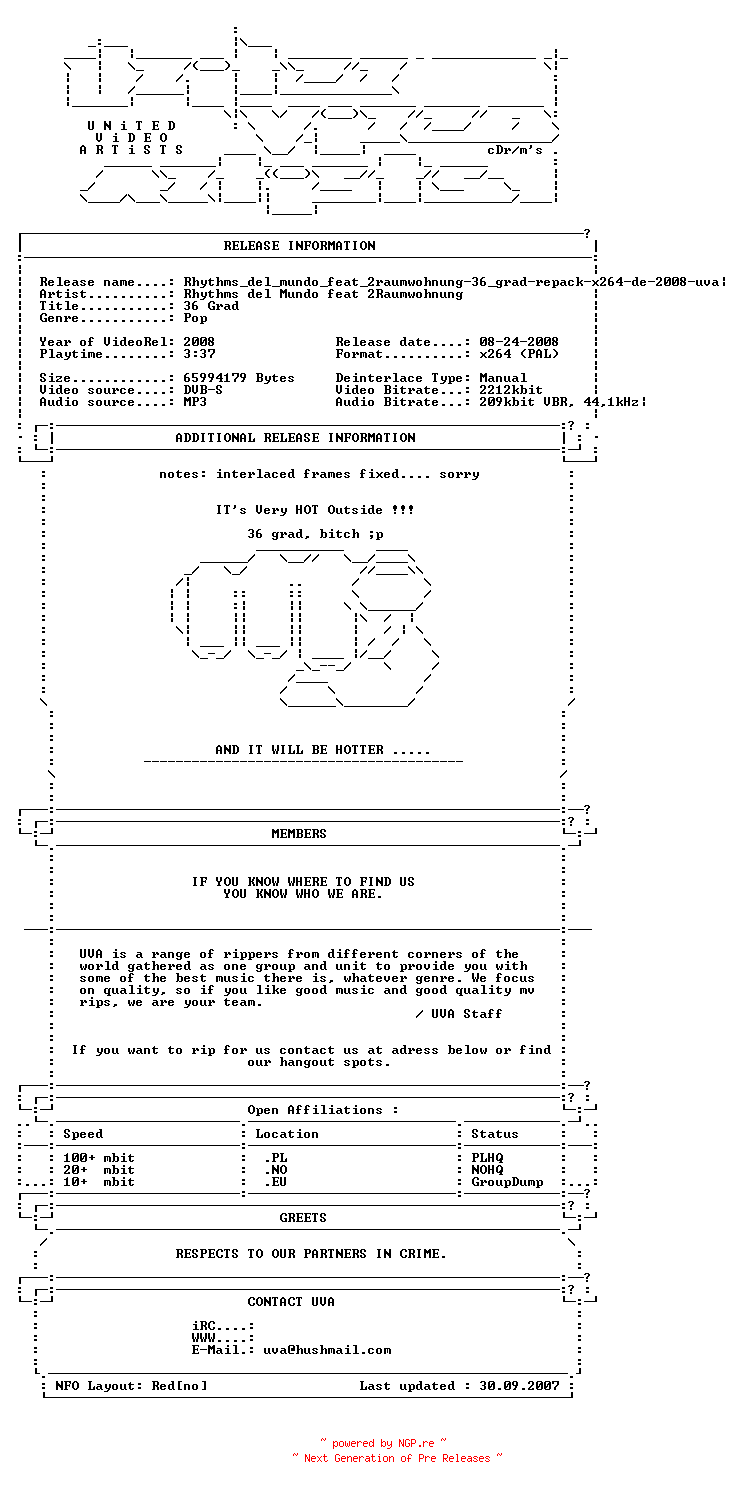 NFO for the release Rhythms_del_mundo_feat_2raumwohnung-36_grad-repack-x264-de-2008-uva by uva