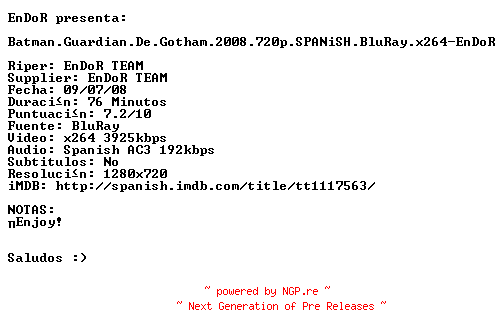 NFO for the release Batman.Guardian.De.Gotham.2008.720p.SPANiSH.BluRay.x264-EnDoR by EnDoR