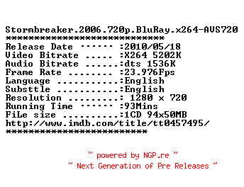 NFO for the release Stormbreaker.2006.720p.BluRay.x264-AVS720 by AVS720