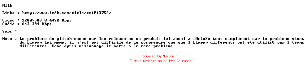 NFO for the release Milk.720p.READ.NFO.CUSTOM.FRENCH.BluRay.x264-ForceBleue by ForceBleue
