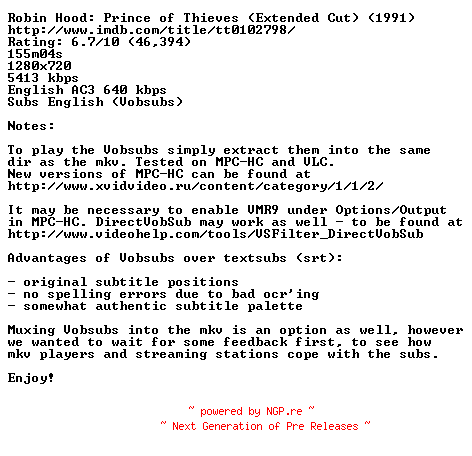 NFO for the release Robin.Hood.Prince.of.Thieves.1991.720p.BluRay.x264-BestHD by BestHD
