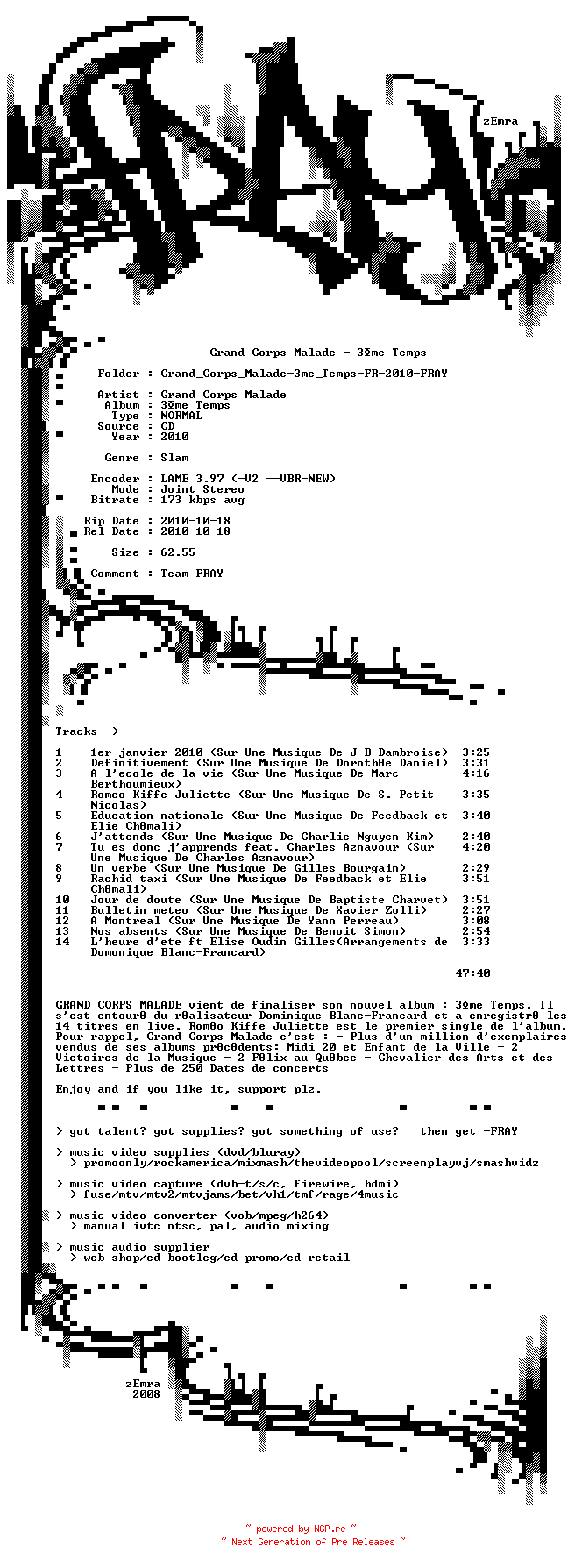 NFO for the release Grand_Corps_Malade-3me_Temps-FR-2010-FRAY by FRAY