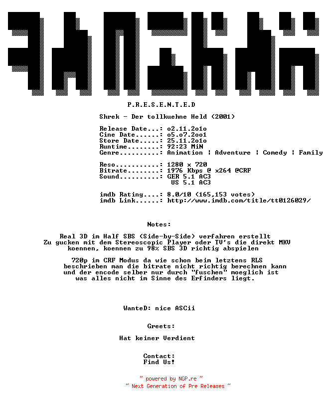 NFO for the release Shrek.Der.tollkuehne.Held.3D.2001.German.DL.720p.BluRay3D.x264-ANCIENT by ANCIENT