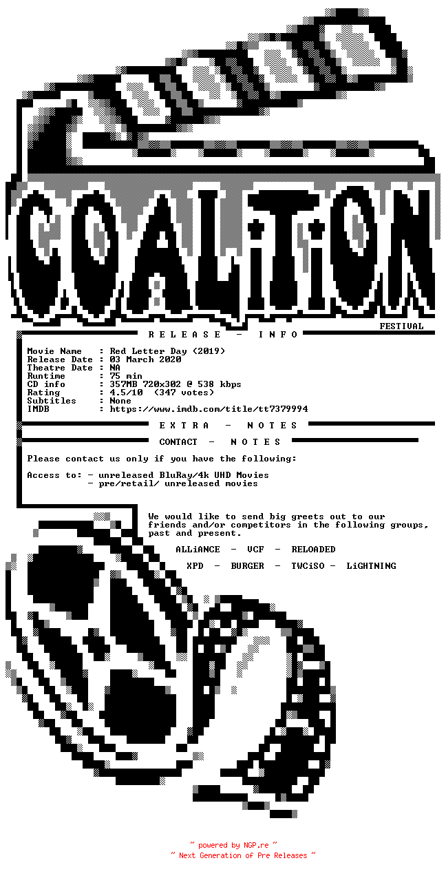 NFO for the release Red.Letter.Day.2019.BDRip.x264-COALiTiON by COALiTiON