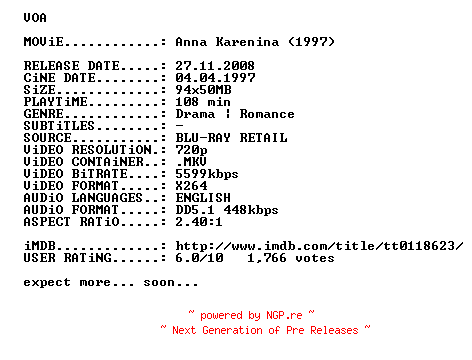NFO for the release Anna.Karenina.1997.720p.BluRay.x264-VOA by VOA