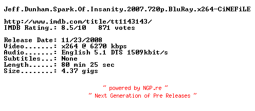 NFO for the release Jeff.Dunham.Spark.Of.Insanity.2007.720p.BluRay.x264-CiNEFiLE by CiNEFiLE