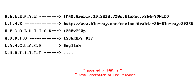 NFO for the release IMAX.Arabia.3D.2010.720p.BluRay.x264-SONiDO by SONiDO