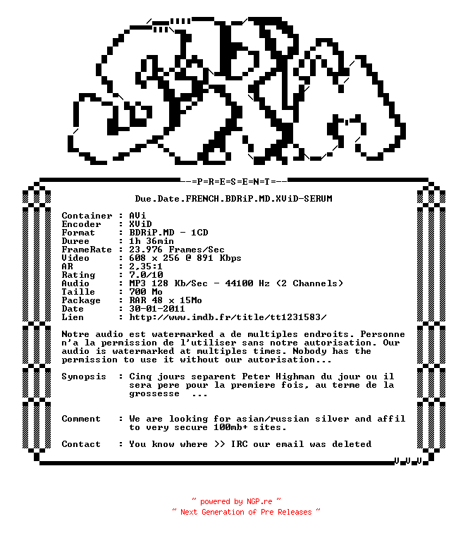 NFO for the release Due.Date.FRENCH.BDRiP.MD.XViD-SERUM by SERUM