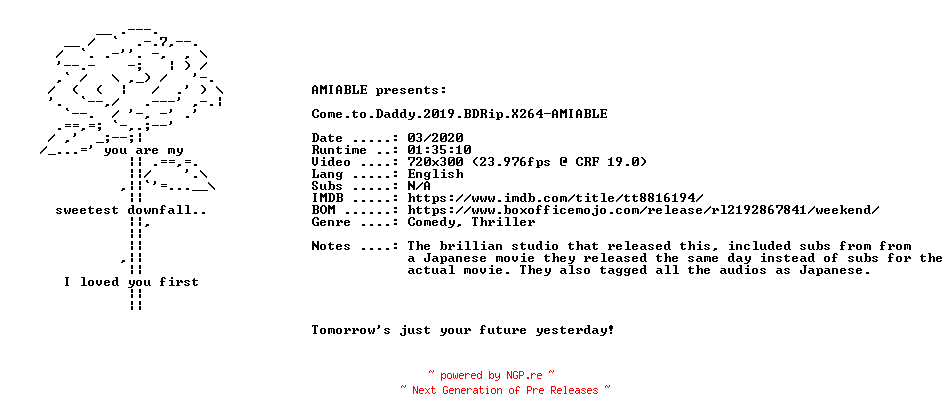 NFO for the release Come.to.Daddy.2019.BDRip.X264-AMIABLE by AMIABLE