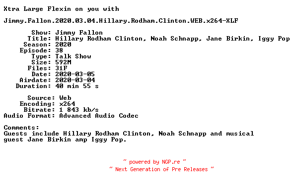 NFO for the release Jimmy.Fallon.2020.03.04.Hillary.Rodham.Clinton.WEB.x264-XLF by XLF