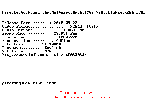 NFO for the release Here.We.Go.Round.The.Mulberry.Bush.1968.720p.BluRay.x264-LCHD by LCHD