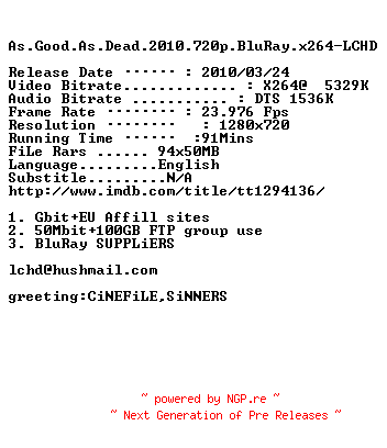 NFO for the release As.Good.As.Dead.2010.720p.BluRay.x264-LCHD by LCHD