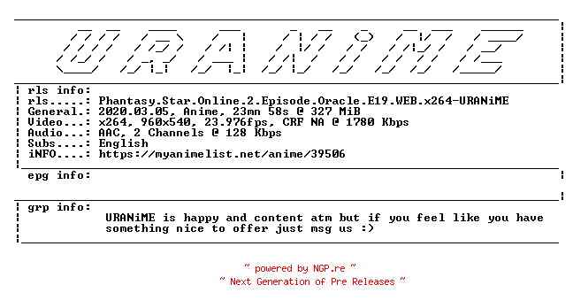 NFO for the release Phantasy.Star.Online.2.Episode.Oracle.E19.WEB.x264-URANiME by URANiME