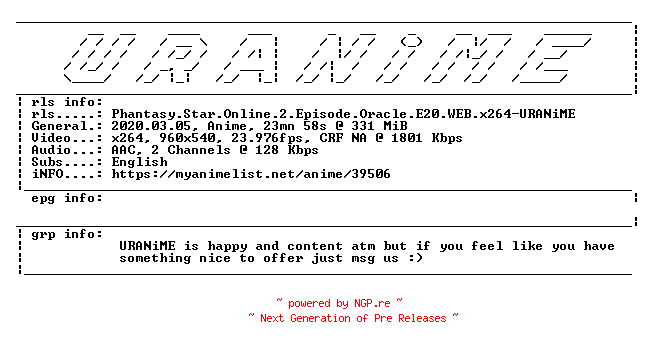NFO for the release Phantasy.Star.Online.2.Episode.Oracle.E20.WEB.x264-URANiME by URANiME
