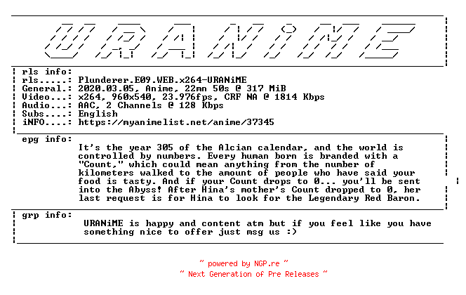 NFO for the release Plunderer.E09.WEB.x264-URANiME by URANiME