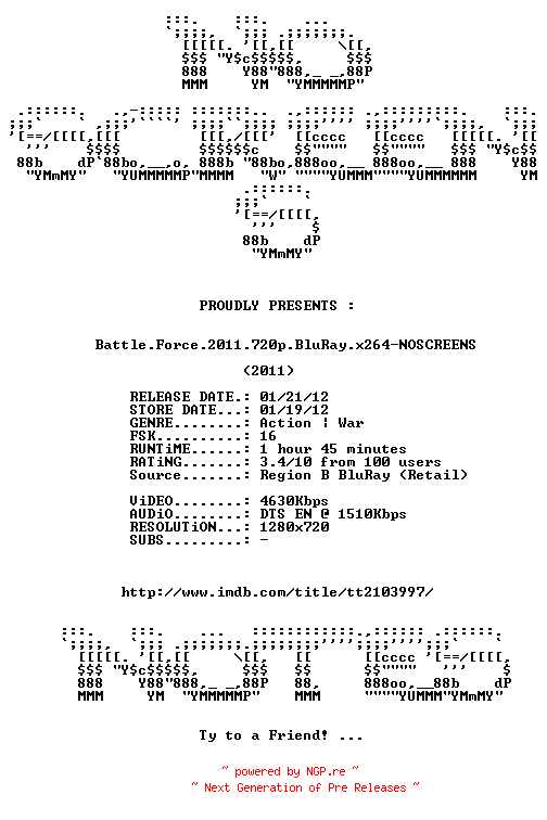 NFO for the release Battle.Force.2011.720p.BluRay.x264-NOSCREENS by NOSCREENS