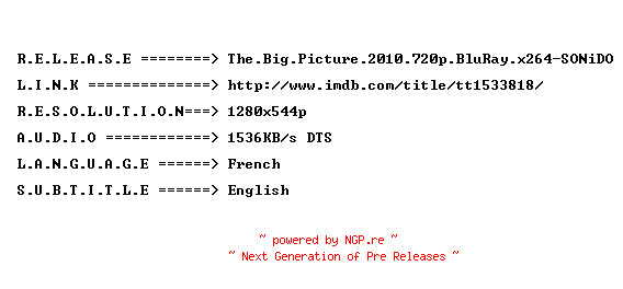 NFO for the release The.Big.Picture.2010.720p.BluRay.x264-SONiDO by SONiDO