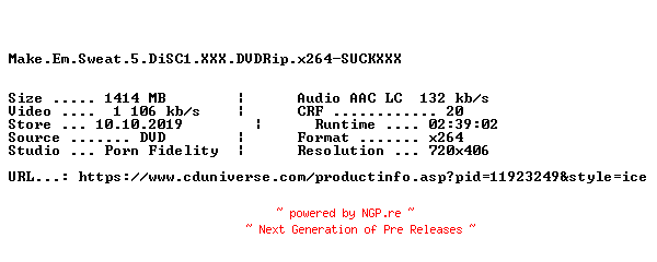 NFO for the release Make.Em.Sweat.5.DiSC1.XXX.DVDRip.x264-SUCKXXX by SUCKXXX
