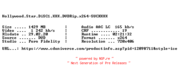 NFO for the release Hollywood.Star.DiSC1.XXX.DVDRip.x264-SUCKXXX by SUCKXXX