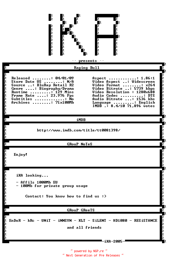 NFO for the release Raging.Bull.1980.720p.BluRay.x264-iKA by iKA