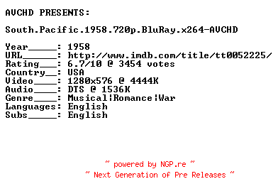 NFO for the release South.Pacific.1958.720p.BluRay.x264-AVCHD by AVCHD
