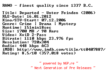 NFO for the release Departed.Unter.Feinden.German.2006.AC3.BDRiP.XviD.iNTERNAL-RANO by RANO