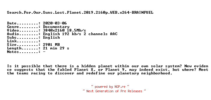 NFO for the release Search.For.Our.Suns.Lost.Planet.2019.2160p.WEB.x264-BRAINFUEL by BRAINFUEL