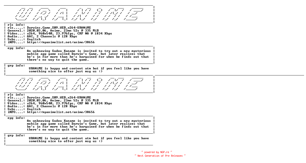 NFO for the release Darwins.Game.E09.WEB.x264-URANiME by URANiME