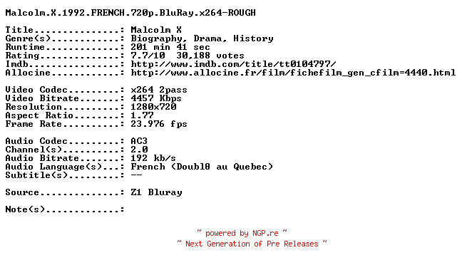 NFO for the release Malcolm.X.1992.FRENCH.720p.BluRay.x264-ROUGH by ROUGH