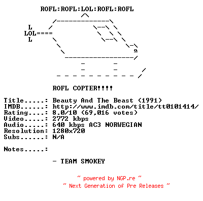 NFO for the release Beauty.And.The.Beast.1991.FINNISH.720p.Bluray.x264-SMOKEY by SMOKEY