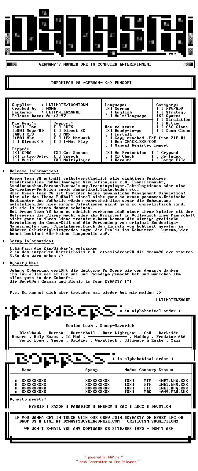 NFO for the release DREAM_TEAM_98_GERMAN-DYNASTY by DYNASTY