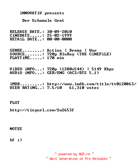 NFO for the release Der.Schmale.Grat.1998.German.AC3D.DL.720p.BluRay.x264-iNNOVATiV by iNNOVATiV