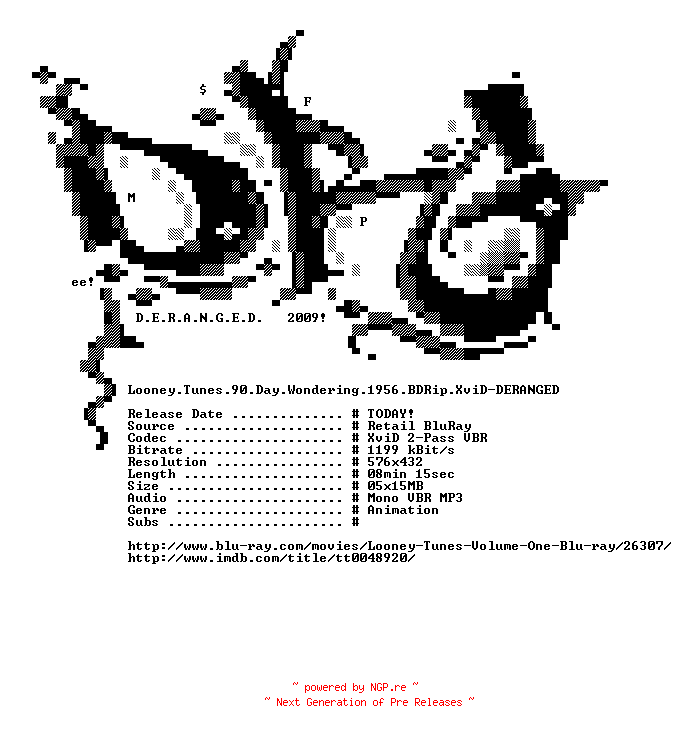 NFO for the release Looney.Tunes.90.Day.Wondering.1956.BDRip.XviD-DERANGED by DERANGED