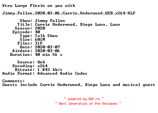 NFO for the release Jimmy.Fallon.2020.03.06.Carrie.Underwood.WEB.x264-XLF by XLF