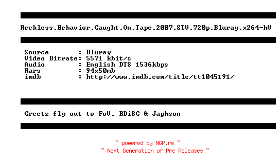 NFO for the release Reckless.Behavior.Caught.On.Tape.2007.STV.720p.Bluray.x264-hV by hV