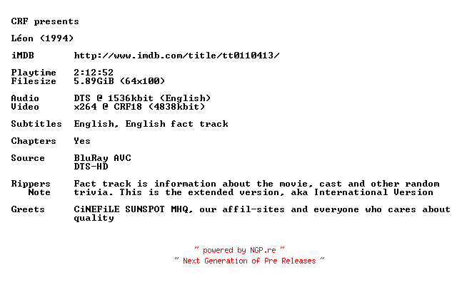 NFO for the release Leon.The.Professional.1994.720p.BluRay.x264.iNT-CRF by CRF