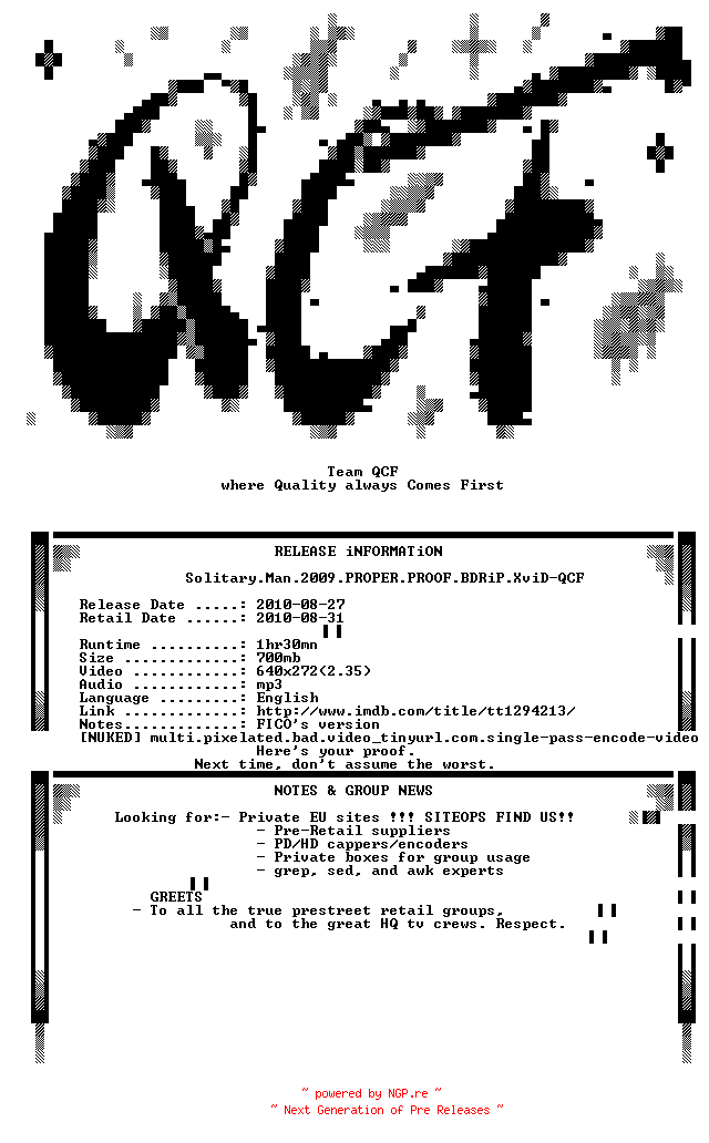 NFO for the release Solitary.Man.2009.PROPER.PROOF.BDRiP.XviD-QCF by QCF