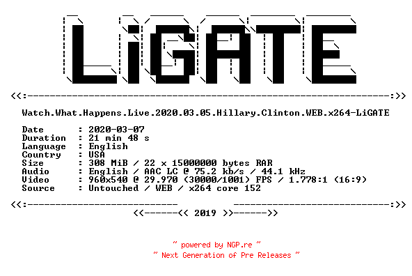 NFO for the release Watch.What.Happens.Live.2020.03.05.Hillary.Clinton.WEB.x264-LiGATE by LiGATE