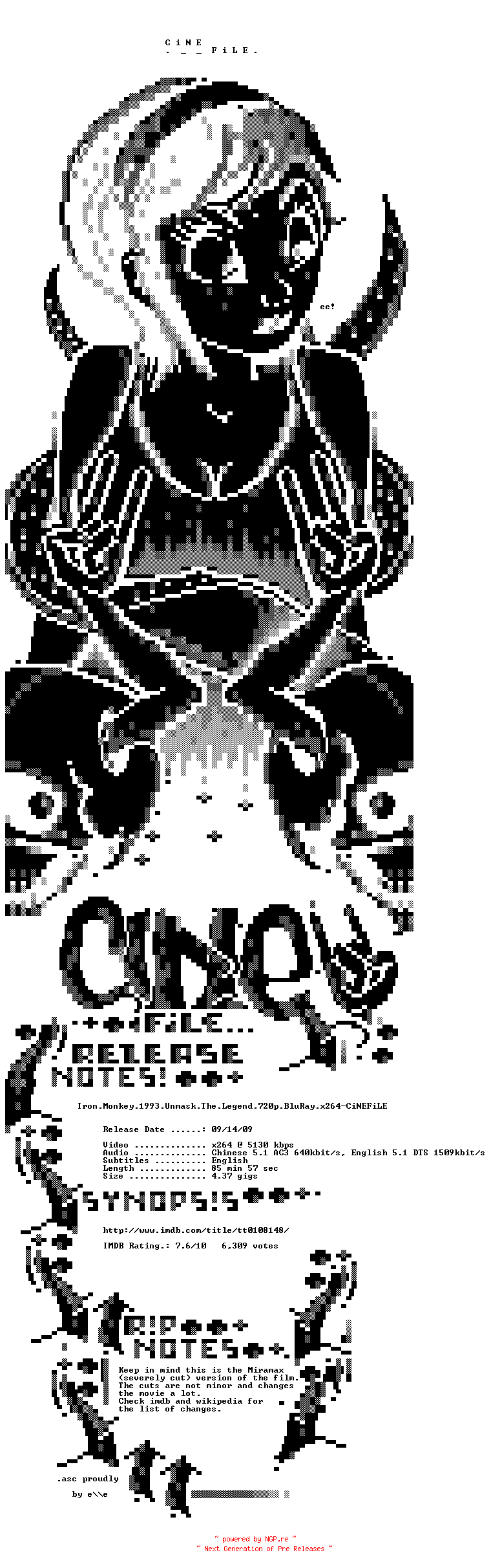 NFO for the release Iron.Monkey.1993.Unmask.The.Legend.720p.BluRay.x264-CiNEFiLE by CiNEFiLE