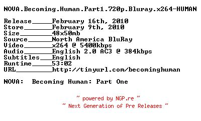 NFO for the release NOVA.Becoming.Human.Part1.720p.Bluray.x264-HUMAN by HUMAN