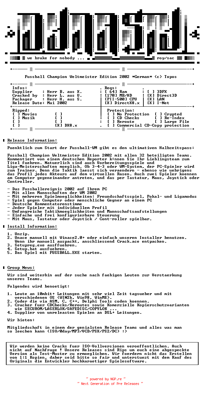 NFO for the release Fussball.Champion.Weltmeister.Edition.2002.GERMAN-DYNASTY by DYNASTY