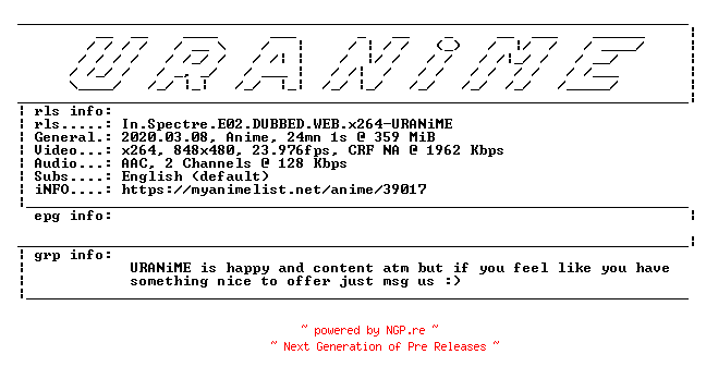 NFO for the release In.Spectre.E02.DUBBED.WEB.x264-URANiME by URANiME