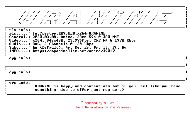 NFO for the release In.Spectre.E09.WEB.x264-URANiME by URANiME