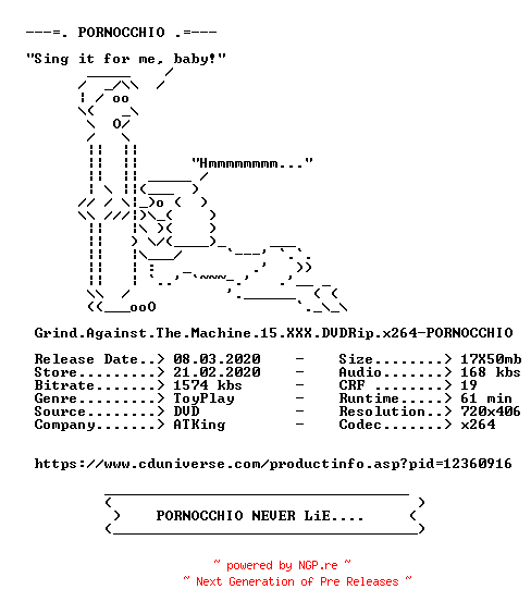 NFO for the release Grind.Against.The.Machine.15.XXX.DVDRip.x264-PORNOCCHIO by PORNOCCHIO